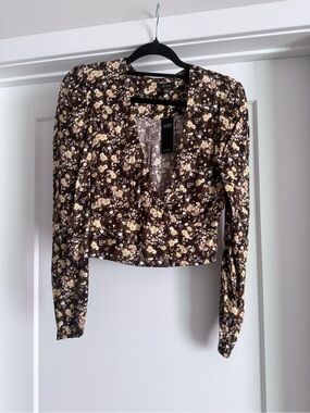 AFRM Brown Floral Long-Sleeve V-Neck Cropped Blouse
